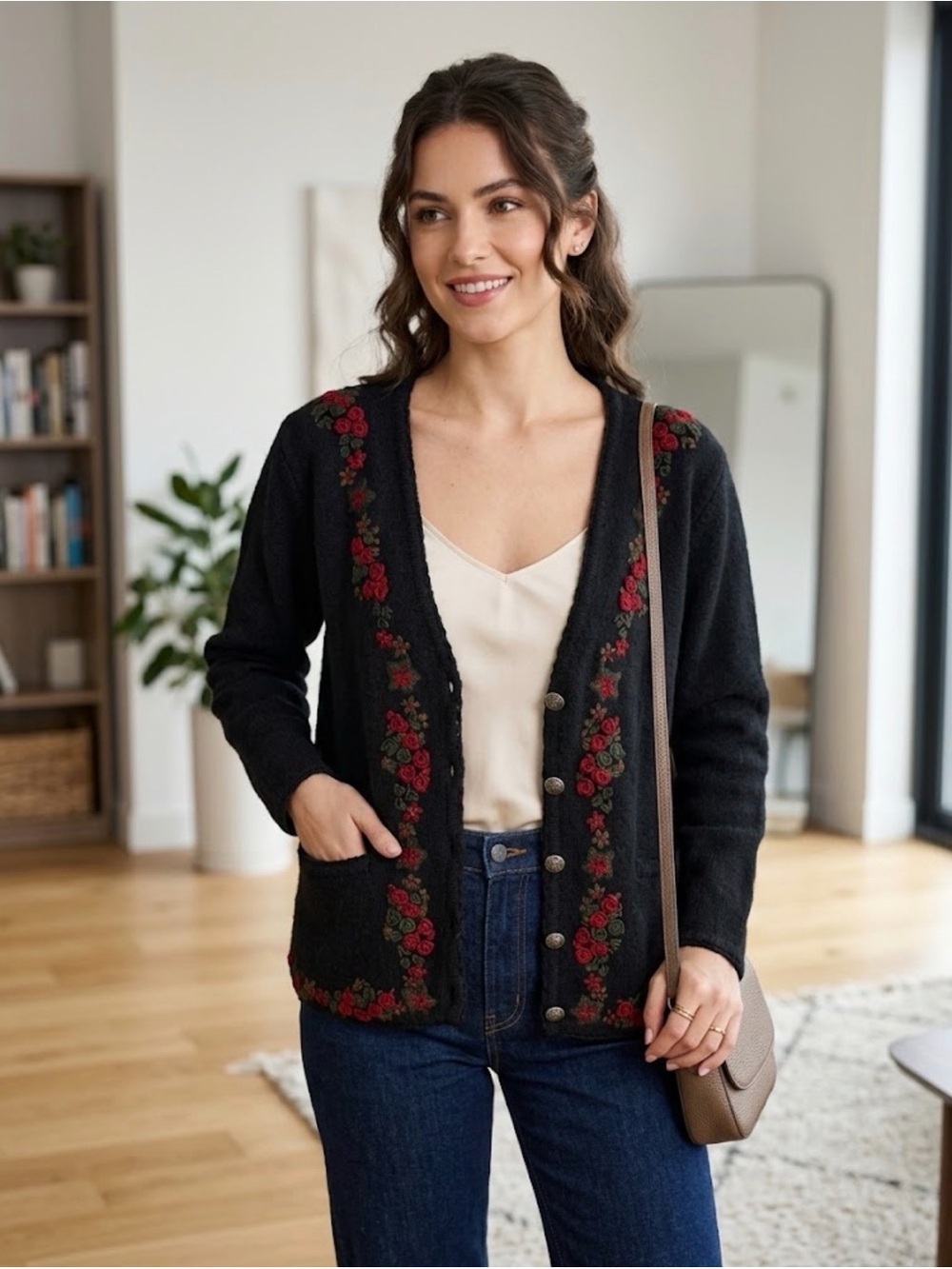 VTG Crystal Kobe Wool Floral Embroidered Black Knit Cardigan Antique Button Smal
